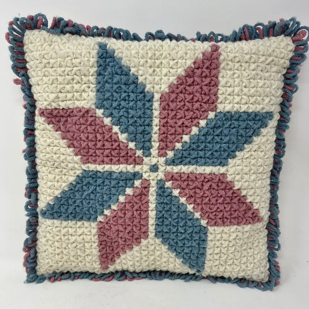 Vintage Crochet Knit Pillow Square 1970s Retro Blue & Pink Hand Made